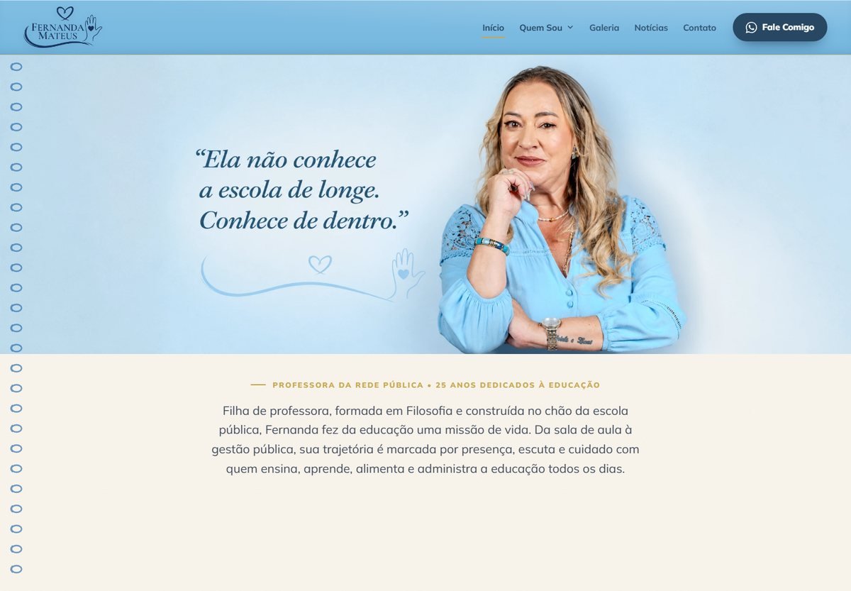 Captura de tela da página inicial do site oficial fernandamateus.com.br