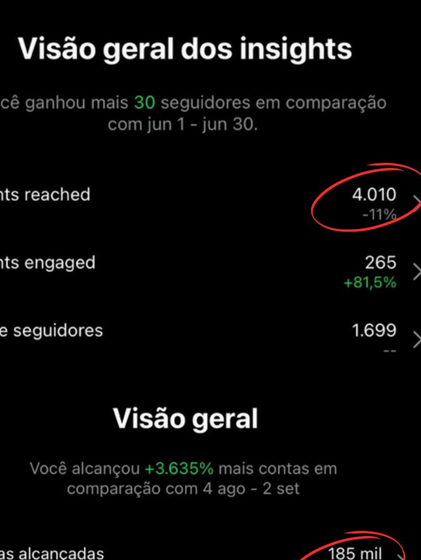 Visão geral dos insights com crescimento de seguidores